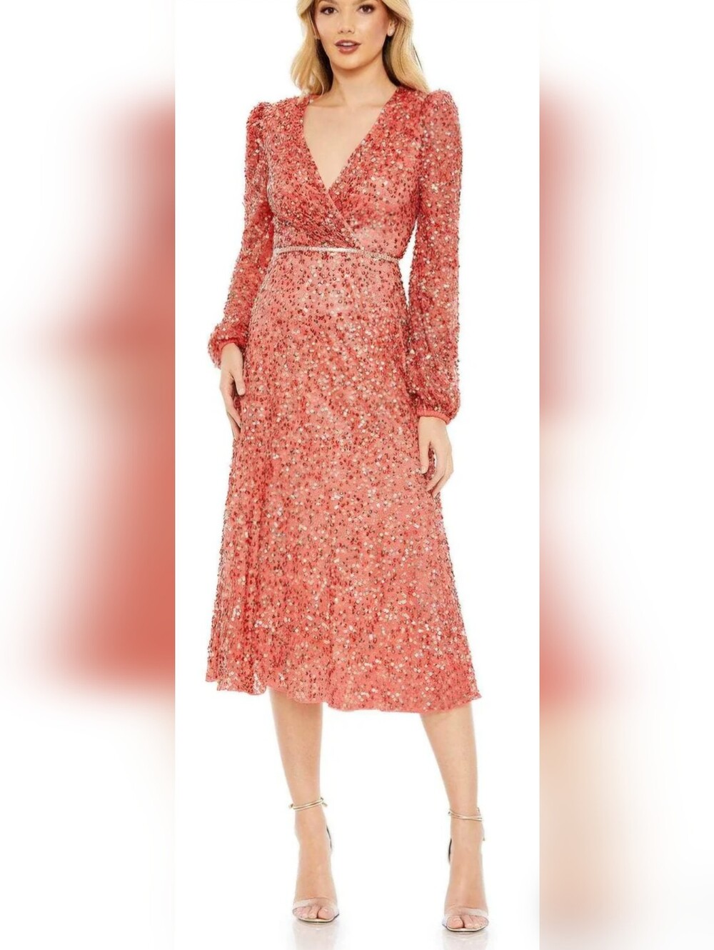 Mac Duggal 5588 Sequin Wrap Midi Dress in Coral Pink Size 6
